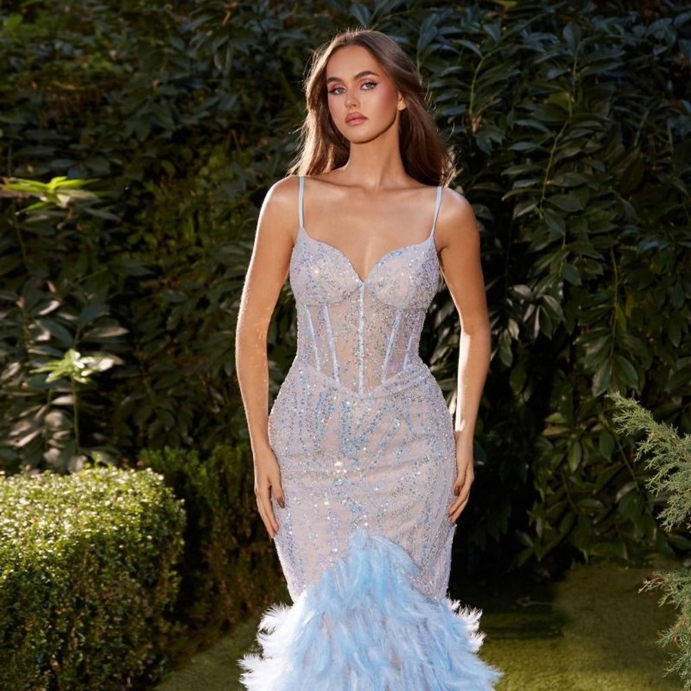 New Formal Sleeveless Mermaid Strapped Dress Embroidered With Feathers Cd A1298
